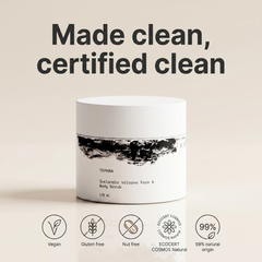 Tephra is made clean and certified clean: vegan, gluten free, nut free, ECOCERT COSMOS Natural, 99% natural origin