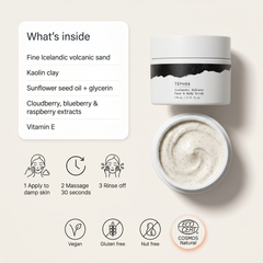 What is inside Tephra and how to use it, with vegan, gluten free, nut free and ECOCERT COSMOS Natural badges